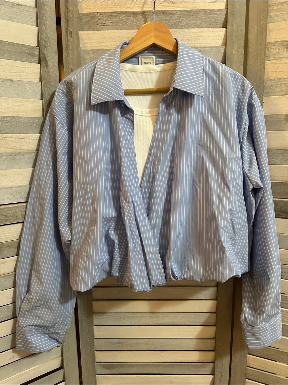 Maeve twofer Light Blue and White Pinstripe wrap-Front Shirt